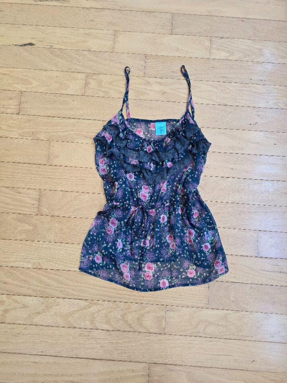 vintage Y2K cottagecore teal floral sheer ruffle romantic tank top | WMS S - Picture 1 of 11